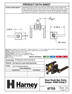 Product Data Specification Sheet Of A Door Lever Set Keyed / Entry Function Contemporary Style Harper Collection - Venetian Bronze Finish - Product Number 87753