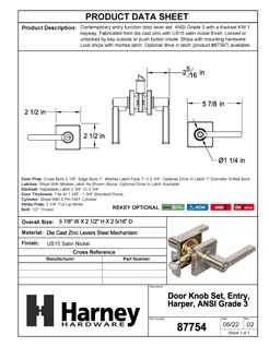 Product Data Specification Sheet Of A Door Lever Set Keyed / Entry Function Contemporary Style Harper Collection - Satin Nickel Finish - Product Number 87754