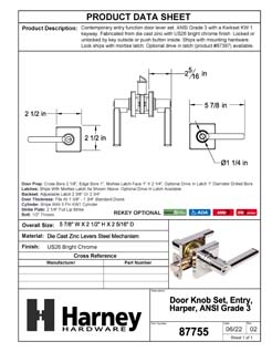 Product Data Specification Sheet Of A Door Lever Set Keyed / Entry Function Contemporary Style Harper Collection - Chrome Finish - Product Number 87755