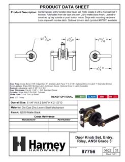 Product Data Specification Sheet Of A Door Lever Set Keyed / Entry Function Contemporary Style Riley Collection - Matte Black Finish - Product Number 87756