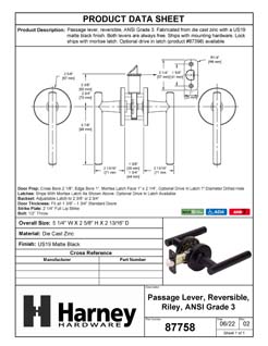 Product Data Specification Sheet Of A Door Lever Set Closet / Hall / Passage Function Contemporary Style Riley Collection - Matte Black Finish - Product Number 87758