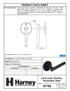 Product Data Specification Sheet Of A Door Lever Inactive / Dummy Function Contemporary Style Riley Collection - Matte Black Finish - Product Number 87759