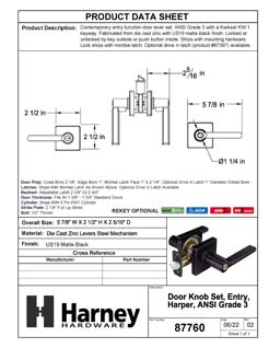 Product Data Specification Sheet Of A Door Lever Set Keyed / Entry Function Contemporary Style Harper Collection - Matte Black Finish - Product Number 87760