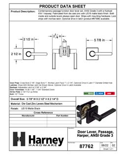 Product Data Specification Sheet Of A Door Lever Set Closet / Hall / Passage Function Contemporary Style Harper Collection - Matte Black Finish - Product Number 87762