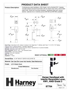 Product Data Specification Sheet Of A Front Door Handleset With Interior Reversible Lever Contemporary Style Harper Collection - Matte Black Finish - Product Number 87764