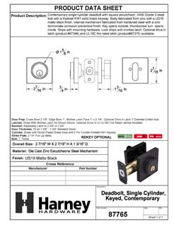 Product Data Specification Sheet Of A Keyed Single Cylinder Contemporary Deadbolt, Square Escutcheon - Matte Black Finish - Product Number 87765