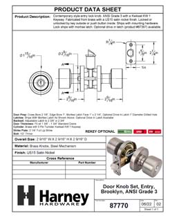 Product Data Specification Sheet Of A Door Knob Set Keyed / Entry Function Contemporary Style Brooklyn Collection - Satin Nickel Finish - Product Number 87770