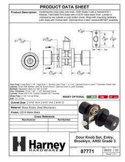 Product Data Specification Sheet Of A Door Knob Set Keyed / Entry Function Contemporary Style Brooklyn Collection - Matte Black Finish - Product Number 87771