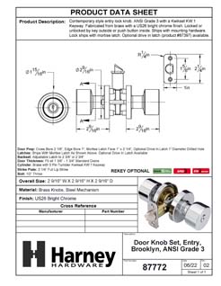 Product Data Specification Sheet Of A Door Knob Set Keyed / Entry Function Contemporary Style Brooklyn Collection - Chrome Finish - Product Number 87772