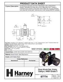 Product Data Specification Sheet Of A Door Knob Set Keyed / Entry Function Contemporary Style Oaklyn Collection - Matte Black Finish - Product Number 87774