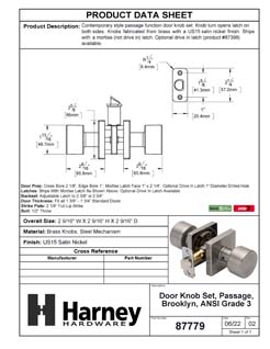 Product Data Specification Sheet Of A Door Knob Set Closet / Hall / Passage Function Contemporary Style Oaklyn Collection - Satin Nickel Finish - Product Number 87779