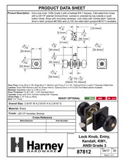 Product Data Specification Sheet Of A Door Knob Set Keyed / Entry Function Contemporary Style Kendall Collection - Venetian Bronze Finish - Product Number 87812