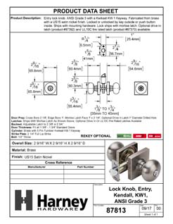 Product Data Specification Sheet Of A Door Knob Set Keyed / Entry Function Contemporary Style Kendall Collection - Satin Nickel Finish - Product Number 87813