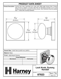 Product Data Specification Sheet Of A Door Knob Inactive / Dummy Function Contemporary Style Kendall Collection - Chrome Finish - Product Number 87823