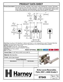 Product Data Specification Sheet Of A Door Lever Set Keyed / Entry Function Contemporary Style Palm Collection - Satin Nickel Finish - Product Number 87849