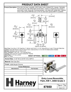 Product Data Specification Sheet Of A Door Lever Set Keyed / Entry Function Contemporary Style Palm Collection - Chrome Finish - Product Number 87850
