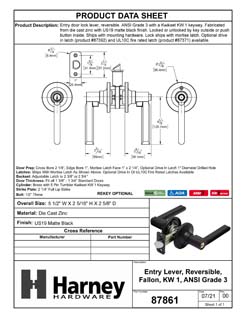 Product Data Specification Sheet Of A Door Lever Set Keyed / Entry Function Contemporary Style Fallon Collection - Matte Black Finish - Product Number 87861