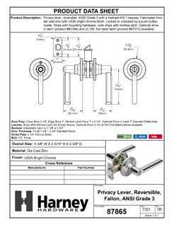 Product Data Specification Sheet Of A Door Lever Set Bed / Bath / Privacy Function Contemporary Style Fallon Collection - Chrome Finish - Product Number 87865