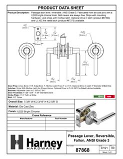 Product Data Specification Sheet Of A Door Lever Set Closet / Hall / Passage Function Contemporary Style Fallon Collection - Chrome Finish - Product Number 87868