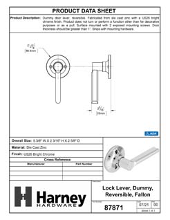 Product Data Specification Sheet Of A Door Lever Inactive / Dummy Function Contemporary Style Fallon Collection - Chrome Finish - Product Number 87871