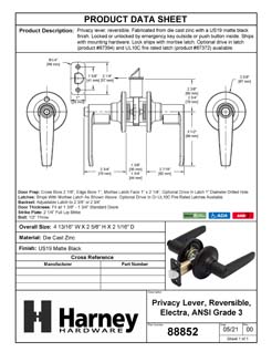 Product Data Specification Sheet Of A Door Lever Set Bed / Bath / Privacy Function Electra Collection - Matte Black Finish - Product Number 88852