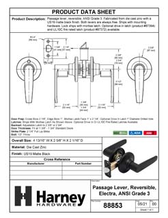 Product Data Specification Sheet Of A Door Lever Set Closet / Hall / Passage Function Electra Collection - Matte Black Finish - Product Number 88853