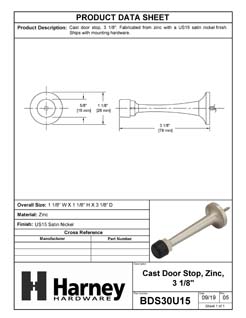 Product Data Specification Sheet Of A Door Stop, 3 1/8 In. Projection - Satin Nickel Finish - Product Number BDS30U15