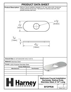 Product Data Specification Sheet Of A Bathroom Faucet Installation Deckplate, Radius Ends, Stainless Steel, 6 1/4 In. Wide - Polished Stainless Steel Finish - Product Number BFDPR26