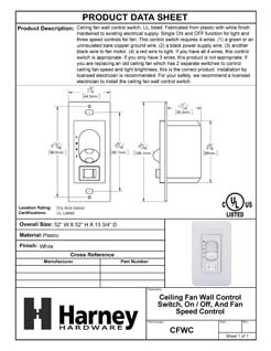 Product Data Specification Sheet Of A Ceiling Fan Wall Control Switch, On / Off, Light Dimmer And Fan Speed Control - White Finish - Product Number CFWC