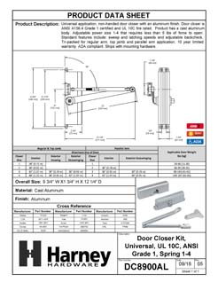 Product Data Specification Sheet Of A Commercial Door Closer, UL Fire Rated, ANSI 1, ADA Compliant, SP 1-4 - Aluminum Finish - Product Number DC8900AL