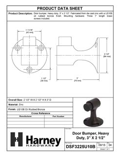 Product Data Specification Sheet Of A Floor Stop, 3 In. High - Oil Rubbed Bronze Finish - Product Number DSF3225U10B