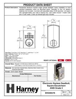 Product Data Specification Sheet Of A Electronic Keyless Deadbolt, Square Escutcheon - Satin Nickel Finish - Product Number EKD40U15