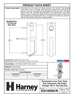 Product Data Specification Sheet Of A Panic Exit Device Classroom / Keyed Function Escutcheon Lever Trim - Satin Chrome Finish - Product Number ESC5500CR