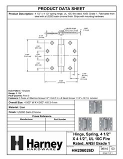 Product Data Specification Sheet Of A Commercial Door Spring Hinges, UL Fire Rated, 4 1/2 In. X 4 1/2 In., 3 Pack - Satin Chrome Finish - Product Number HH206026D