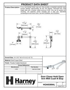 Product Data Specification Sheet Of A Door Closer Hold Open Arm With Cush N Stop - Aluminum Finish - Product Number HOA8389AL