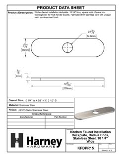 Product Data Specification Sheet Of A Kitchen Faucet Installation Deckplate, Radius Ends, Stainless Steel, 10 1/4 In. Wide - Satin Stainless Steel Finish - Product Number KFDPR15