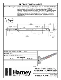 Product Data Specification Sheet Of A Alarmed Panic Exit Device, UL Panic Rated, ANSI 1, 32 In. Wide - Powder Coated Aluminum Finish - Product Number PE550036APP