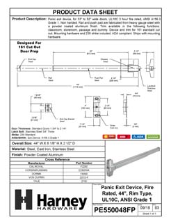 Product Data Specification Sheet Of A Panic Exit Device, UL Fire Rated, ANSI 1, 44 In. Wide - Powder Coated Aluminum Finish - Product Number PE550048FP