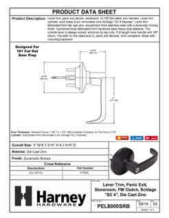 Product Data Specification Sheet Of A Panic Exit Device Storeroom / Keyed Function Lever Trim - Bronze Finish - Product Number PEL8000SRB