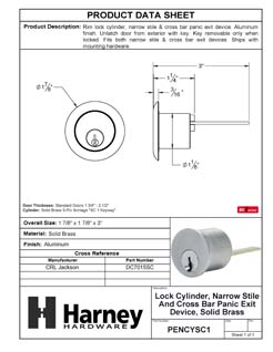 Product Data Specification Sheet Of A Panic Exit Device SC1 Lock Cylinder For Narrow Stile / Cross Bar Devices - Powder Coated Aluminum Finish - Product Number PENCYSC1