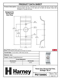 Product Data Specification Sheet Of A Panic Exit Device Trim Pull With SC1 Lock Cylinder - Powder Coated Aluminum Finish - Product Number PET3000C