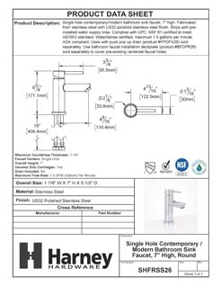 Product Data Specification Sheet Of A Single Hole Contemporary / Modern Bathroom Sink Faucet, 7 In. High - Polished Stainless Steel Finish - Product Number SHFRSS26