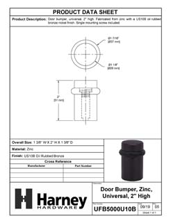 Product Data Specification Sheet Of A Universal Floor Stop, 2 In. High - Oil Rubbed Bronze Finish - Product Number UFB5000U10B