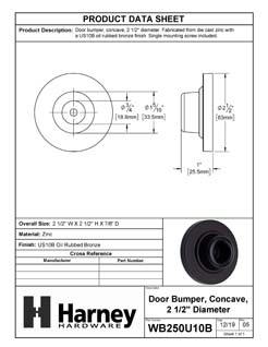 Product Data Specification Sheet Of A Wall Stop, Concave, 2 1/8 In. Diameter - Oil Rubbed Bronze Finish - Product Number WB250U10B