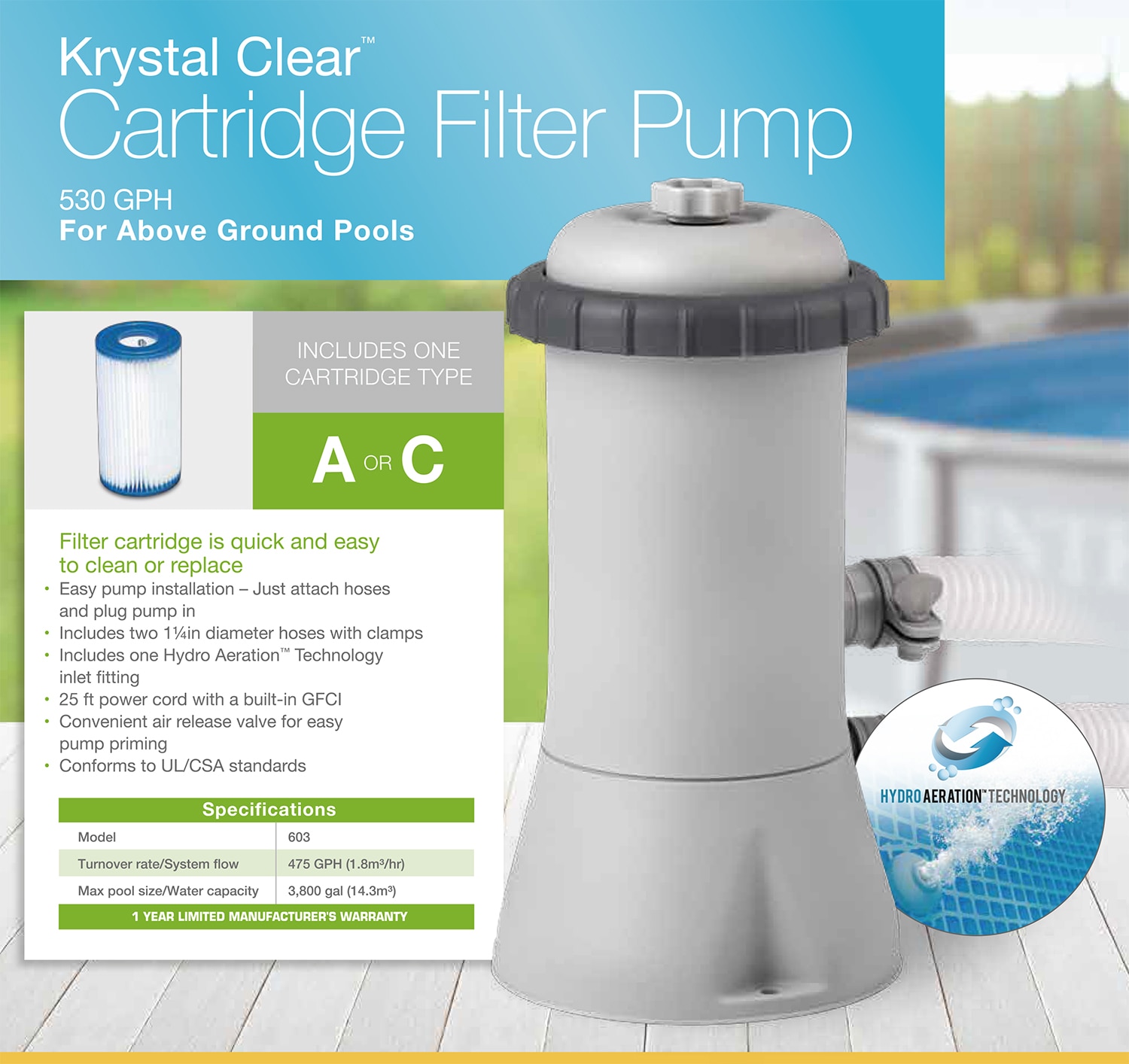 110-120V with GFCI Intex Krystal Clear Cartridge Filter Pump for Above Ground Pools 530 GPH Pump Flow Rate 
