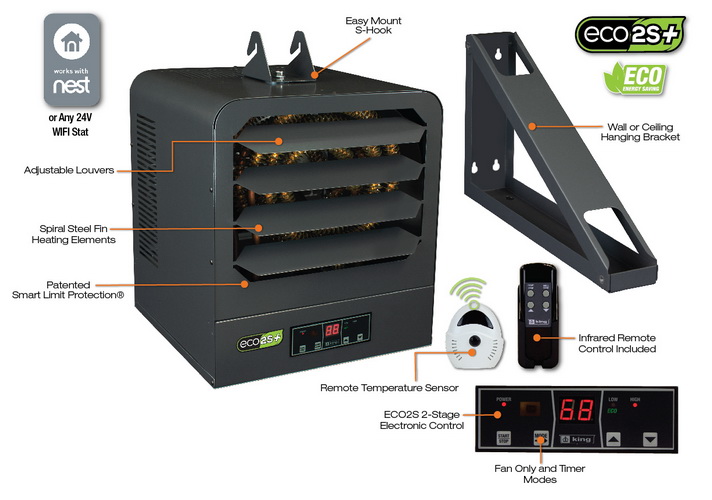 King Electric KB2405-1-ECO2S-PLUS KB ECO2S+ 2-Stage Electronic Garage Heater w/Remote Temperature Sensor, 5KW / 240V