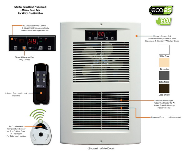King Electric LPW1227-ECO-WD-R LPW ECO2S Electronic 2-Stage Smart Wall Heater, 1500-2750W / 120V, White Dove