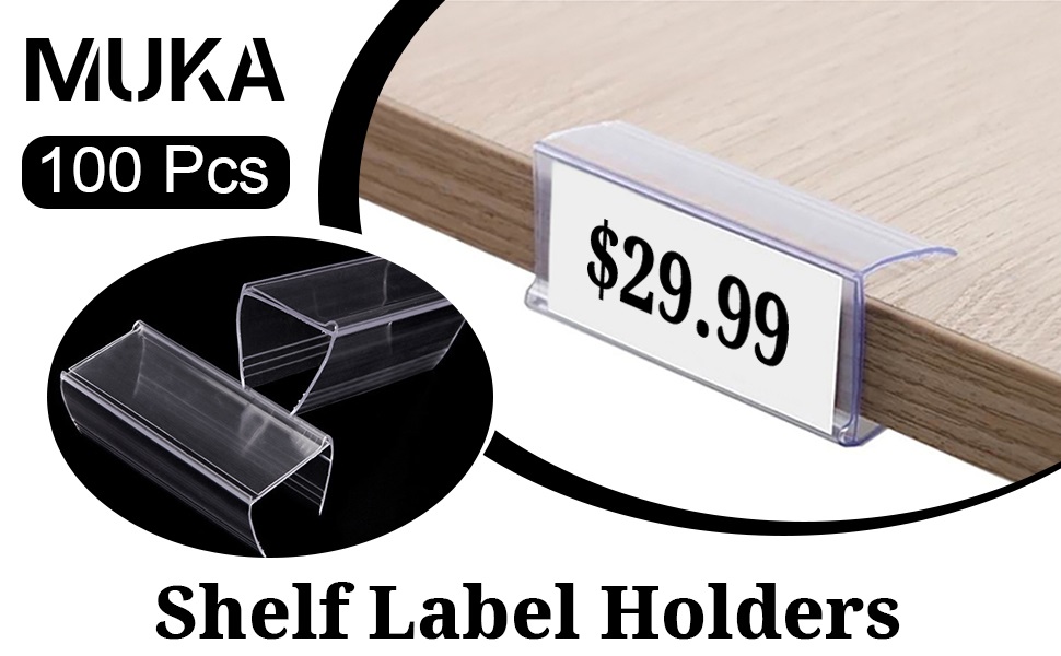 Muka 100 Pcs Wood Shelf Label Holders Clear Plastic Price Tag 2.4 in L x 1 in H for Bookshelf Shelves