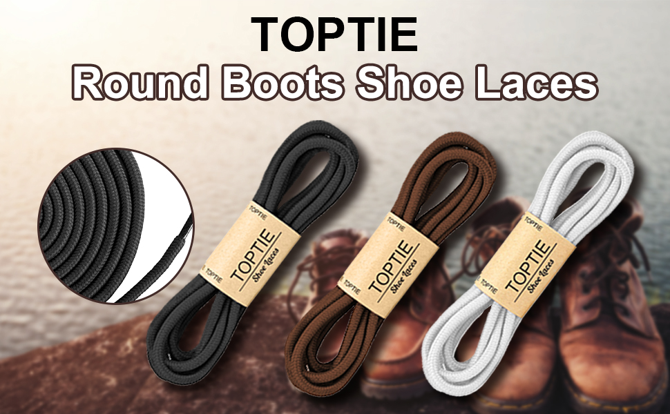 TOPTIE 2 Pairs Round Heavy Duty Shoelaces for Boots, Shoe laces for Sneakers, Hiking Work Boots Shoe Strings, Shoelace