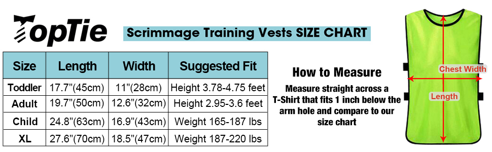 TopTie Training Vests Soccer Pinnies Size Chart
